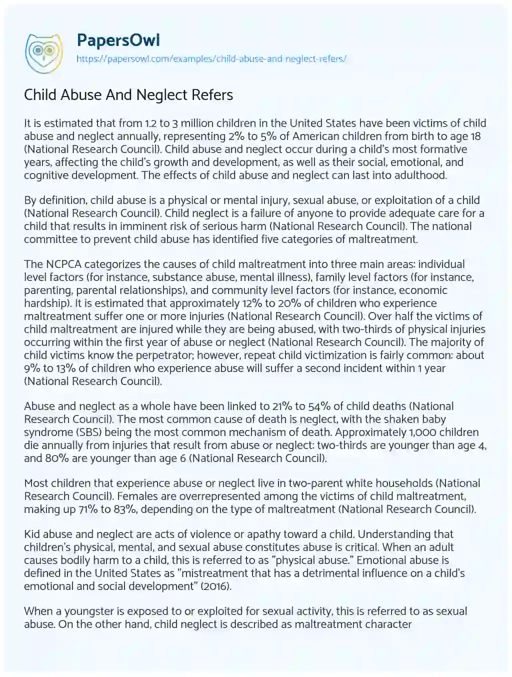 Essay on Child Abuse and Neglect Refers