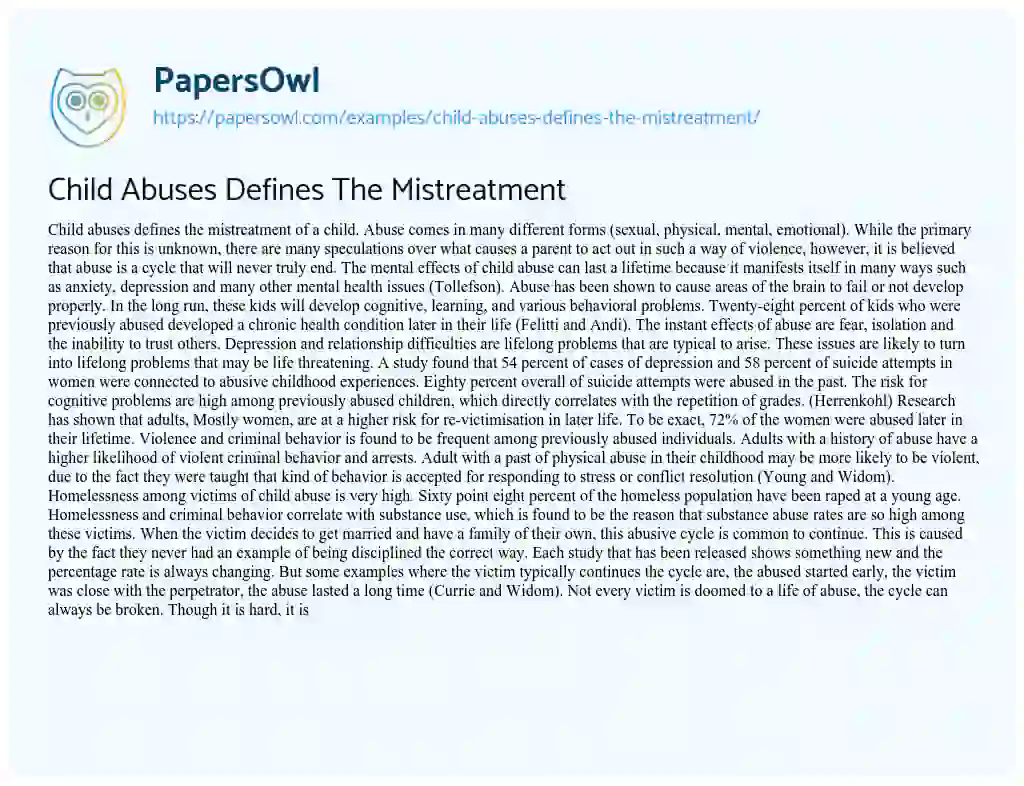 Essay on Child Abuses Defines the Mistreatment