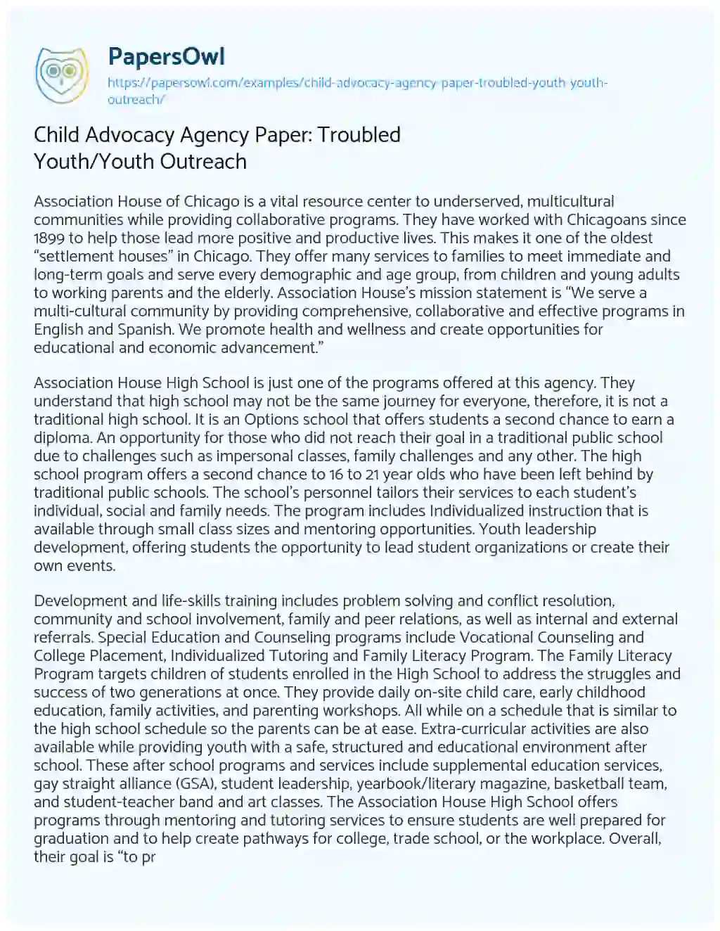 Essay on Child Advocacy Agency Paper: Troubled Youth/Youth Outreach