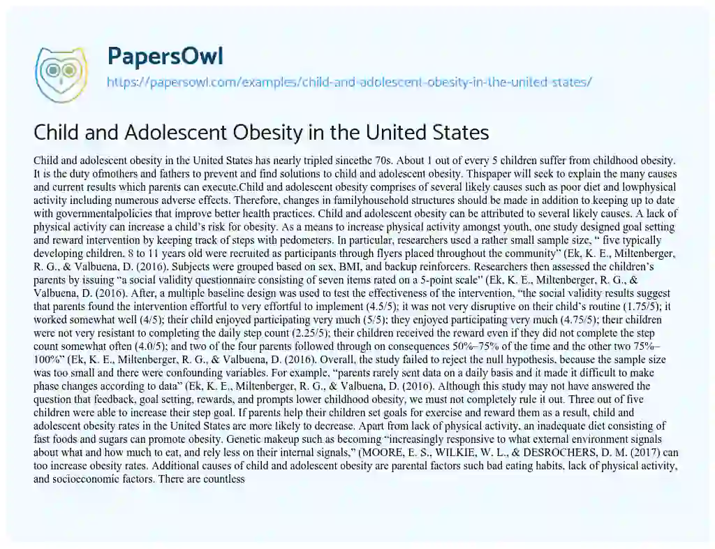 Essay on Child and Adolescent Obesity in the United States