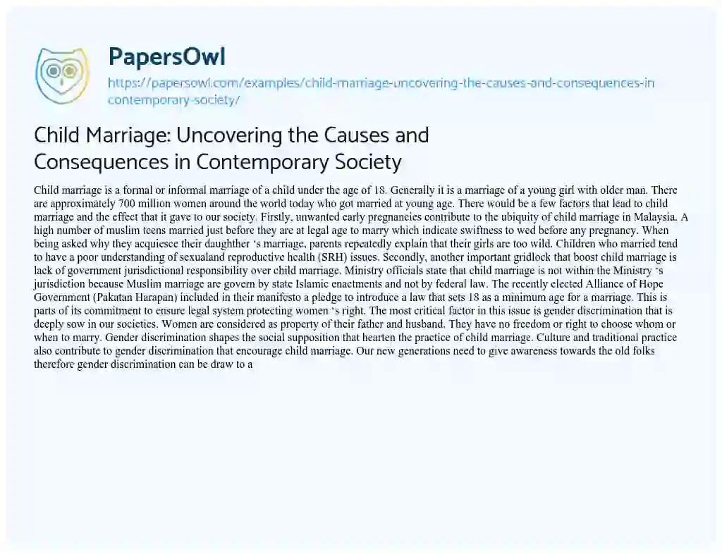 Essay on Child Marriage: Uncovering the Causes and Consequences in Contemporary Society