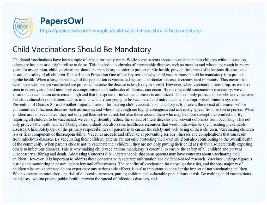 Essay on Child Vaccinations Should Be Mandatory