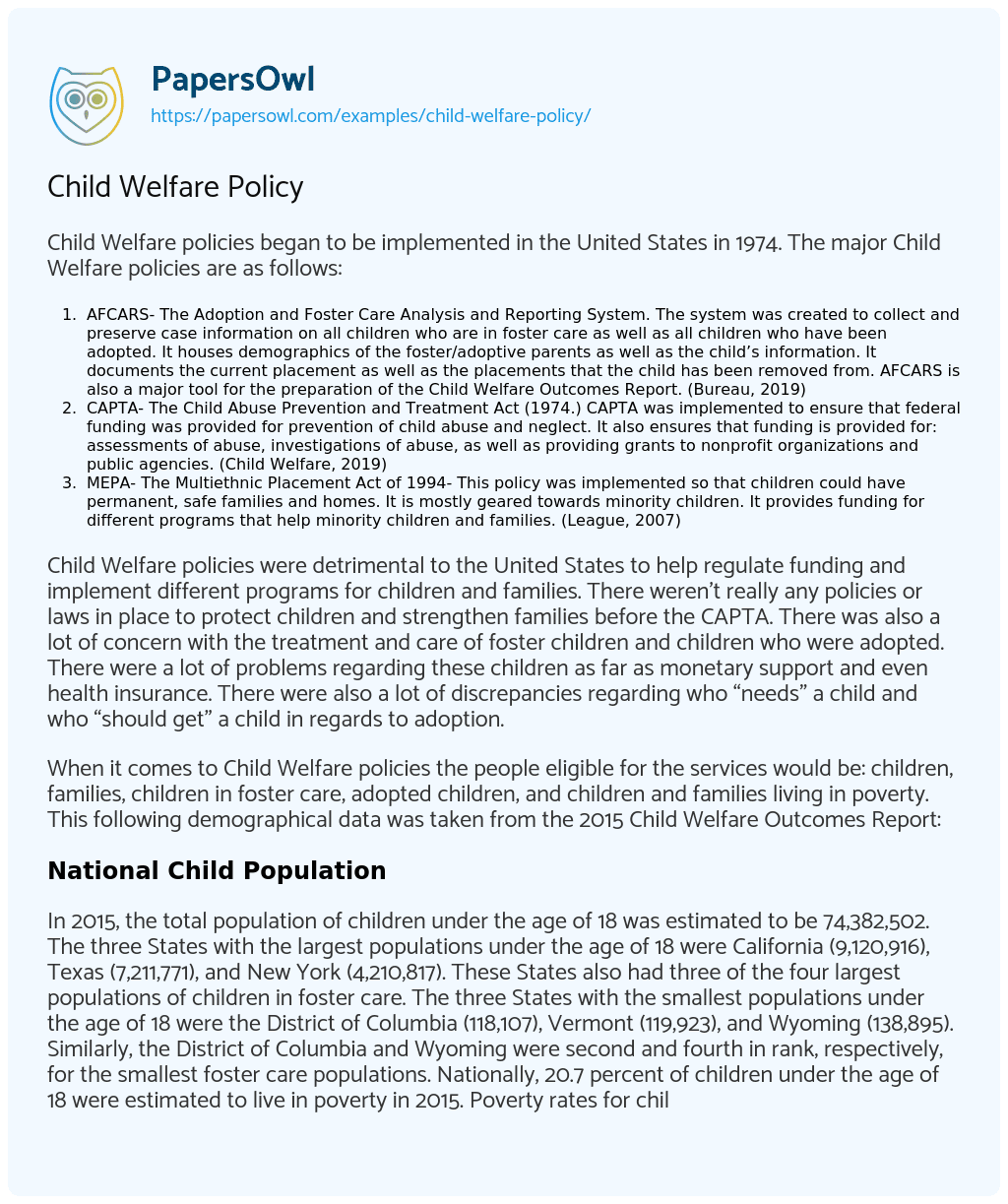 Essay on Child Welfare Policy