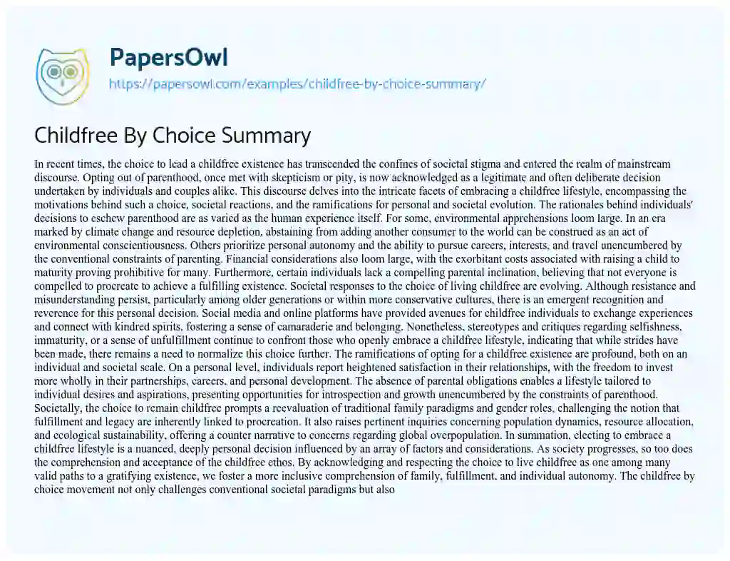 Essay on Childfree by Choice Summary