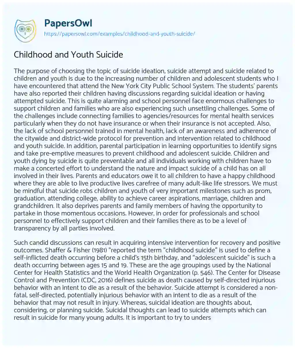 Essay on Childhood and Youth Suicide