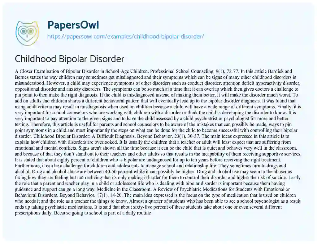 Essay on Childhood Bipolar Disorder