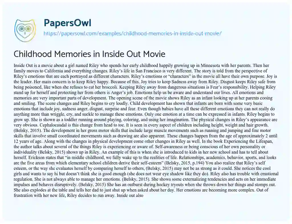 Essay on Childhood Memories in Inside out Movie