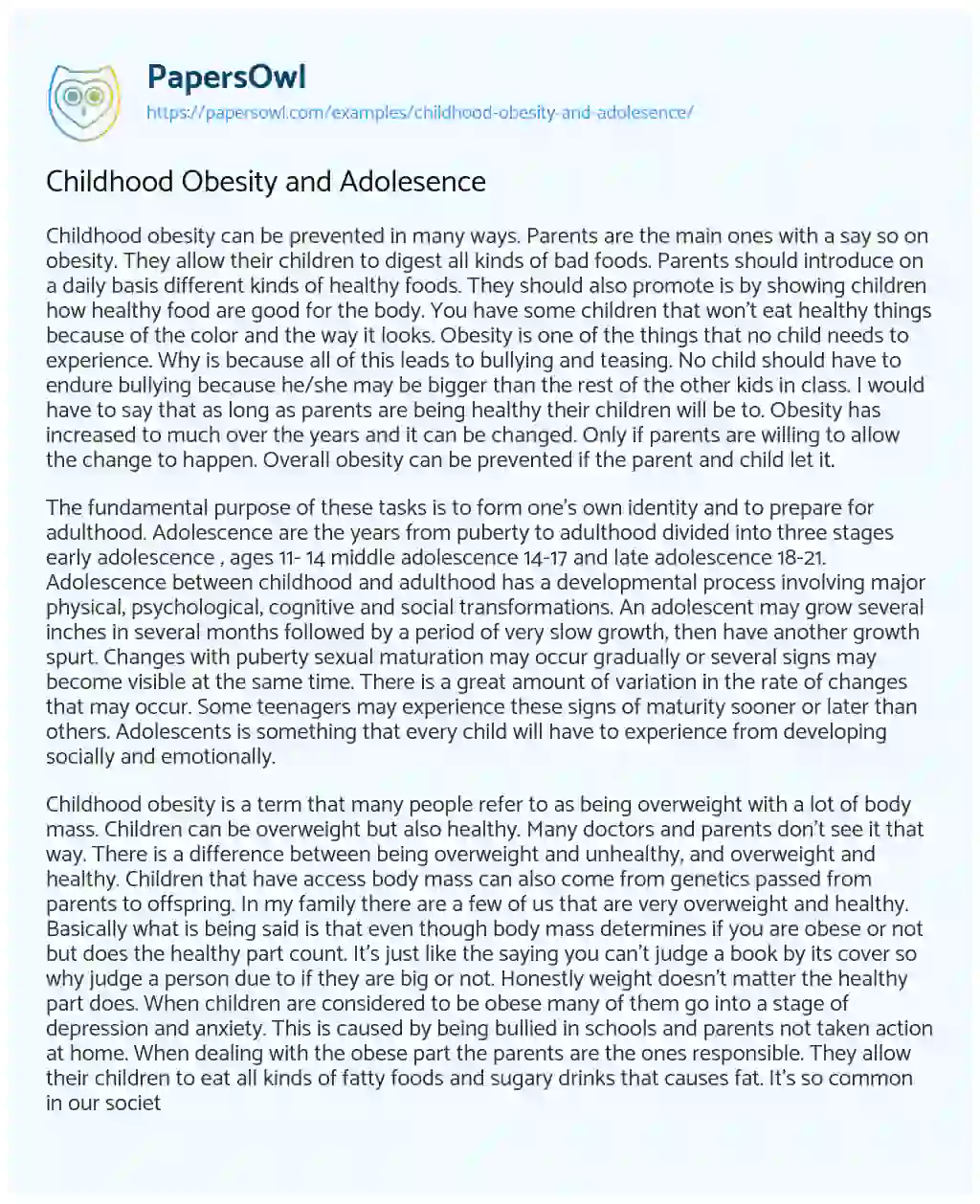 Essay on Childhood Obesity and Adolesence
