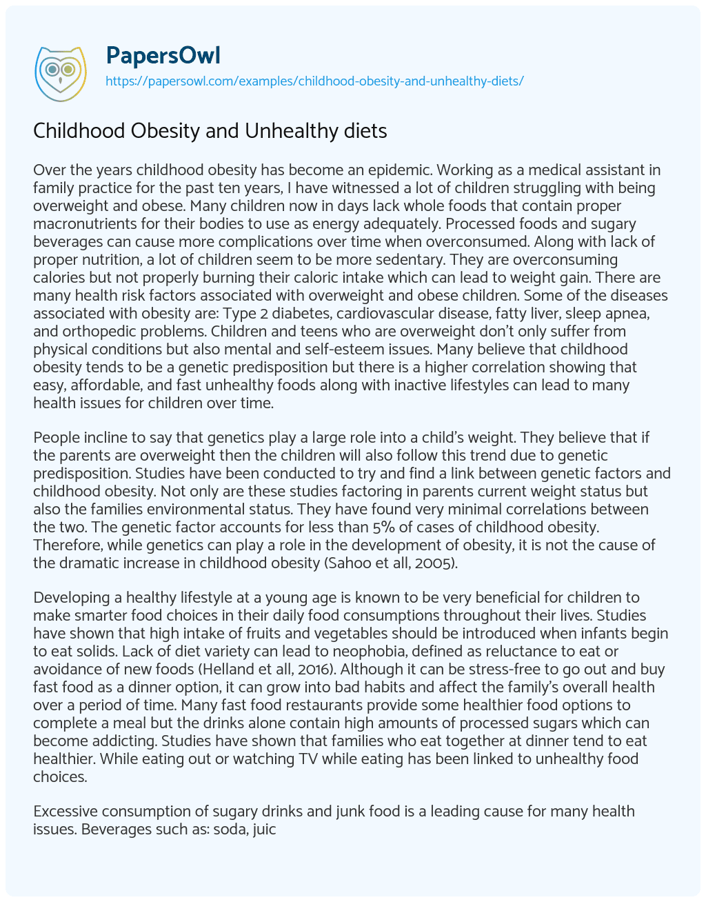 Essay on Childhood Obesity and Unhealthy Diets