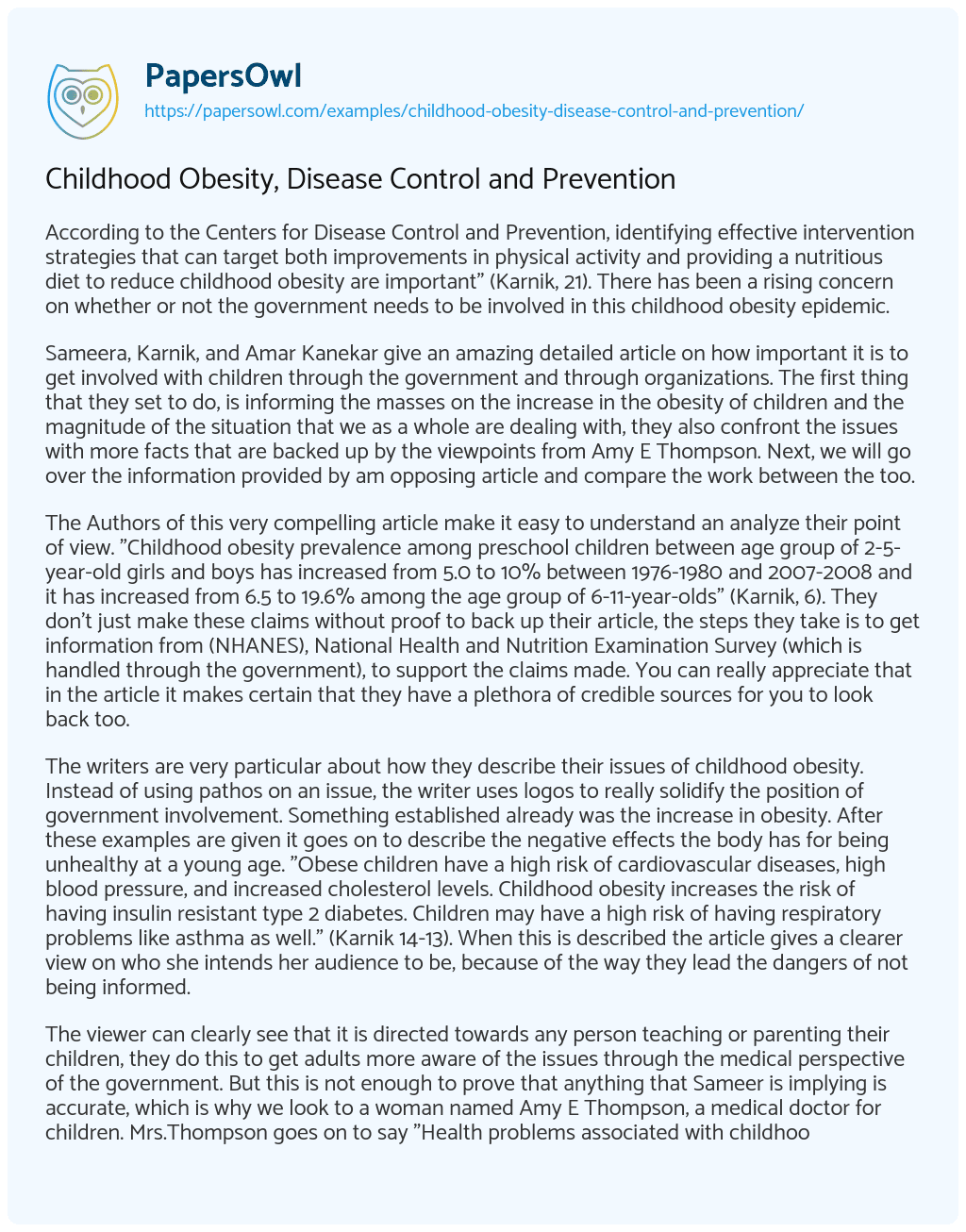 Essay on Childhood Obesity, Disease Control and Prevention