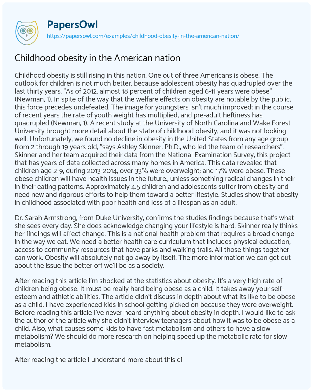 Essay on Childhood Obesity in the American Nation