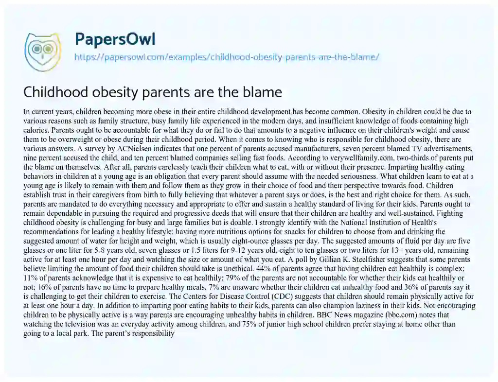 Essay on Childhood Obesity Parents are the Blame