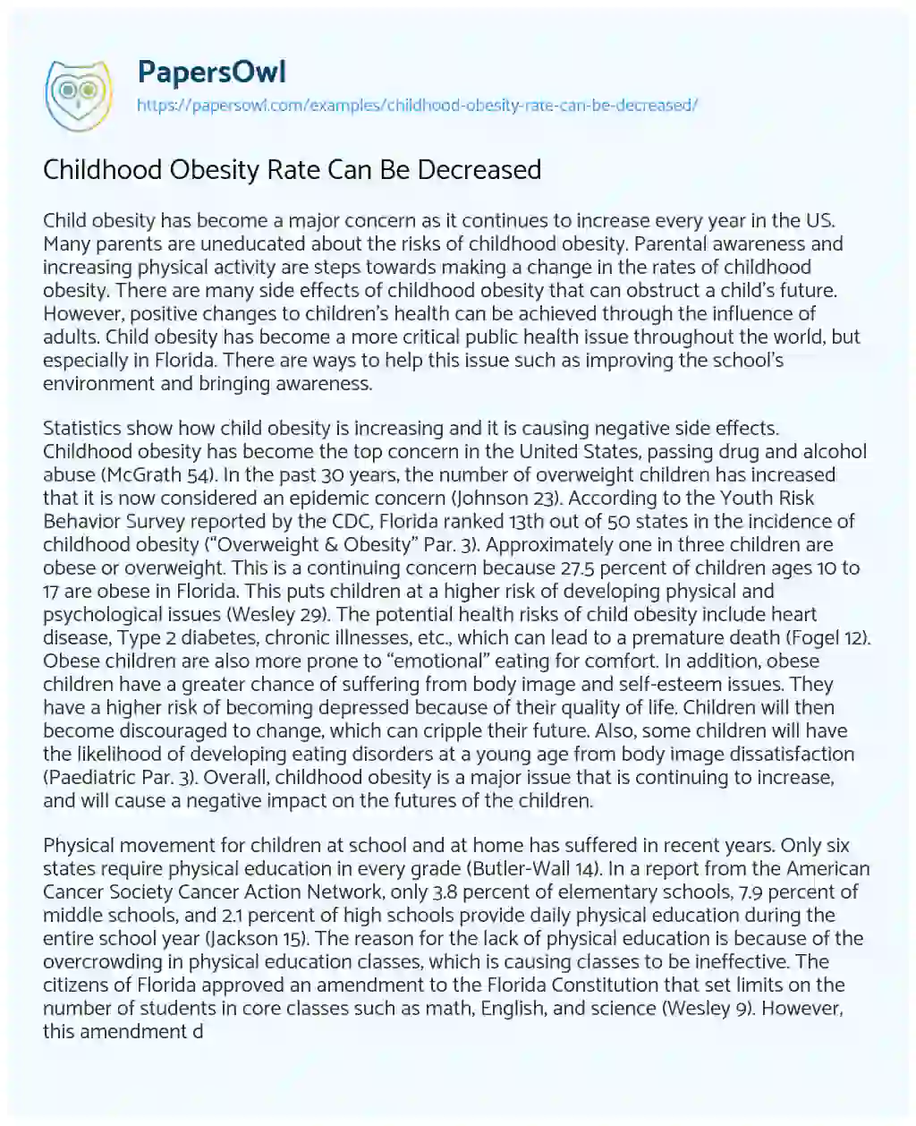 Essay on Childhood Obesity Rate Can be Decreased