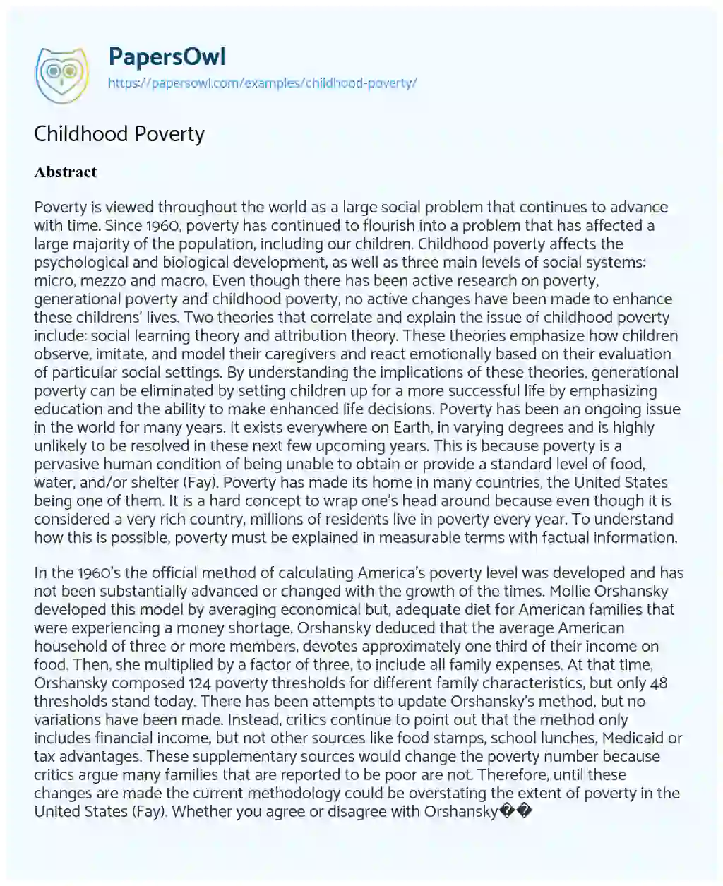 Essay on Childhood Poverty