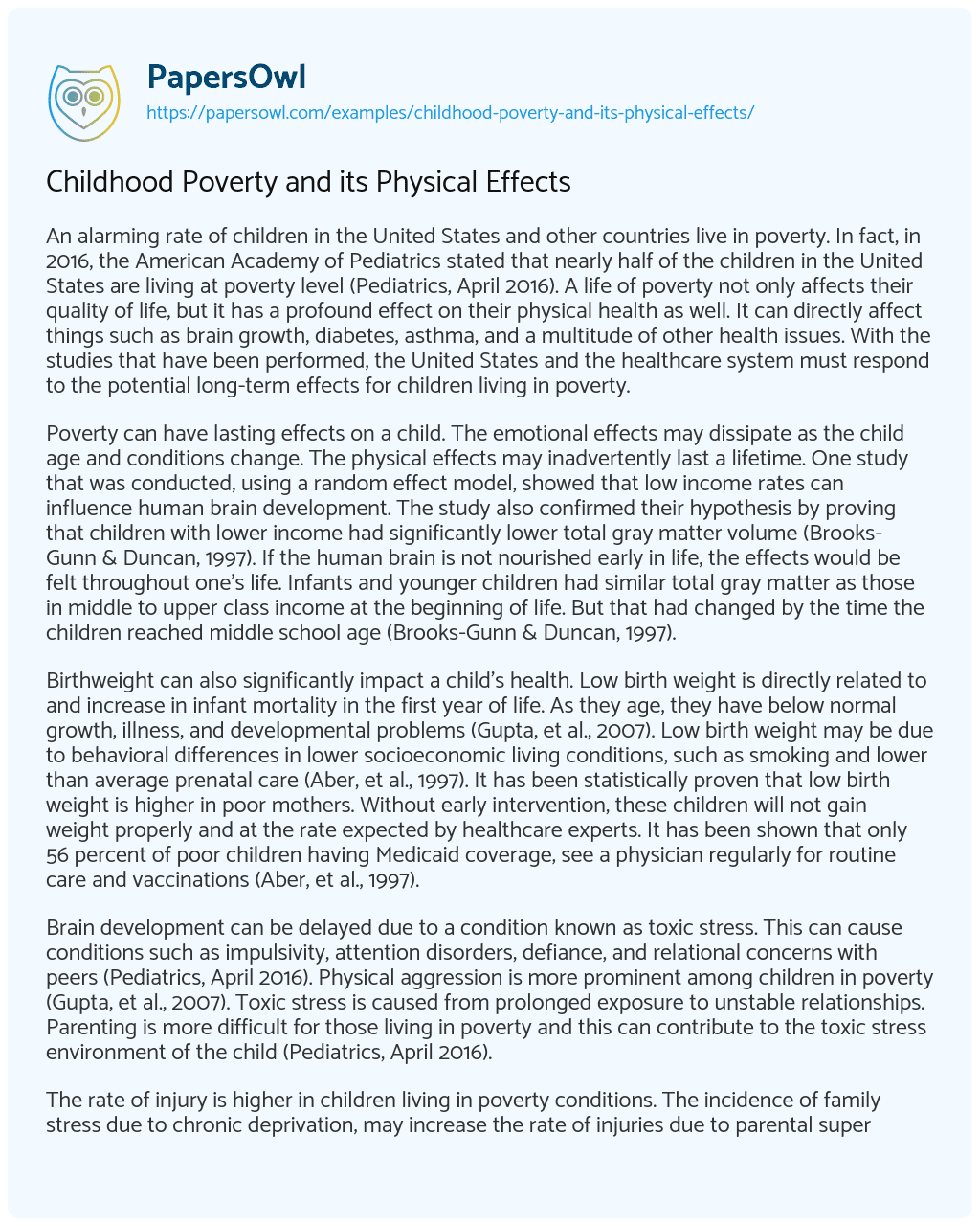 Essay on Childhood Poverty and its Physical Effects