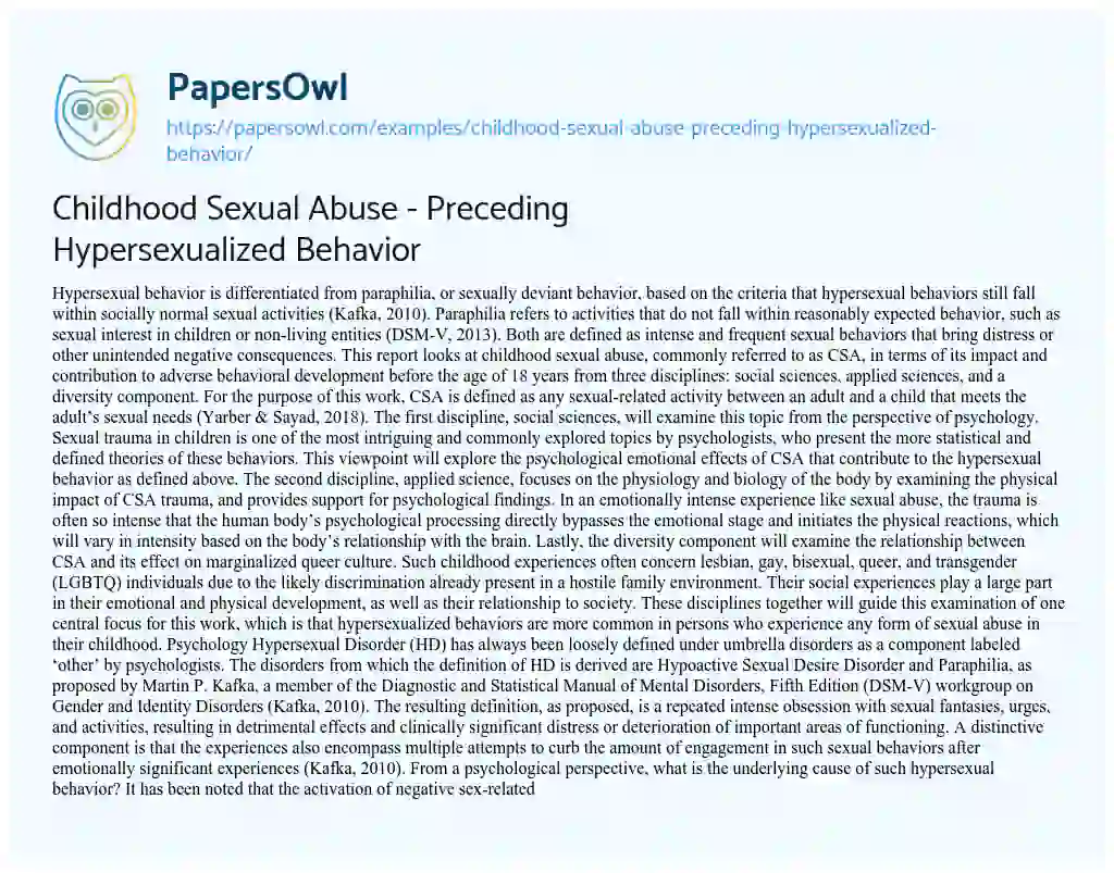 Essay on Childhood Sexual Abuse – Preceding Hypersexualized Behavior