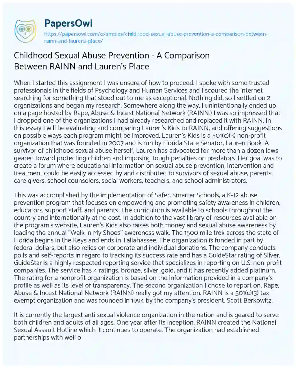 Essay on Childhood Sexual Abuse Prevention – a Comparison between RAINN and Lauren’s Place
