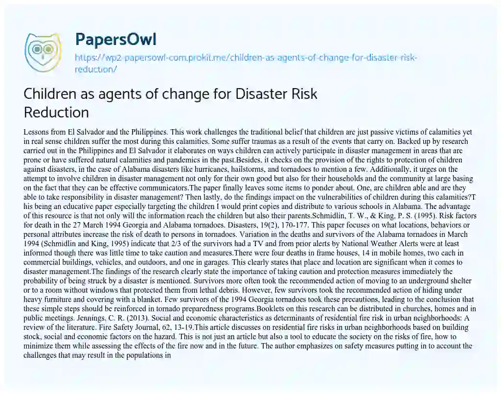 Essay on Children as Agents of Change for Disaster Risk Reduction