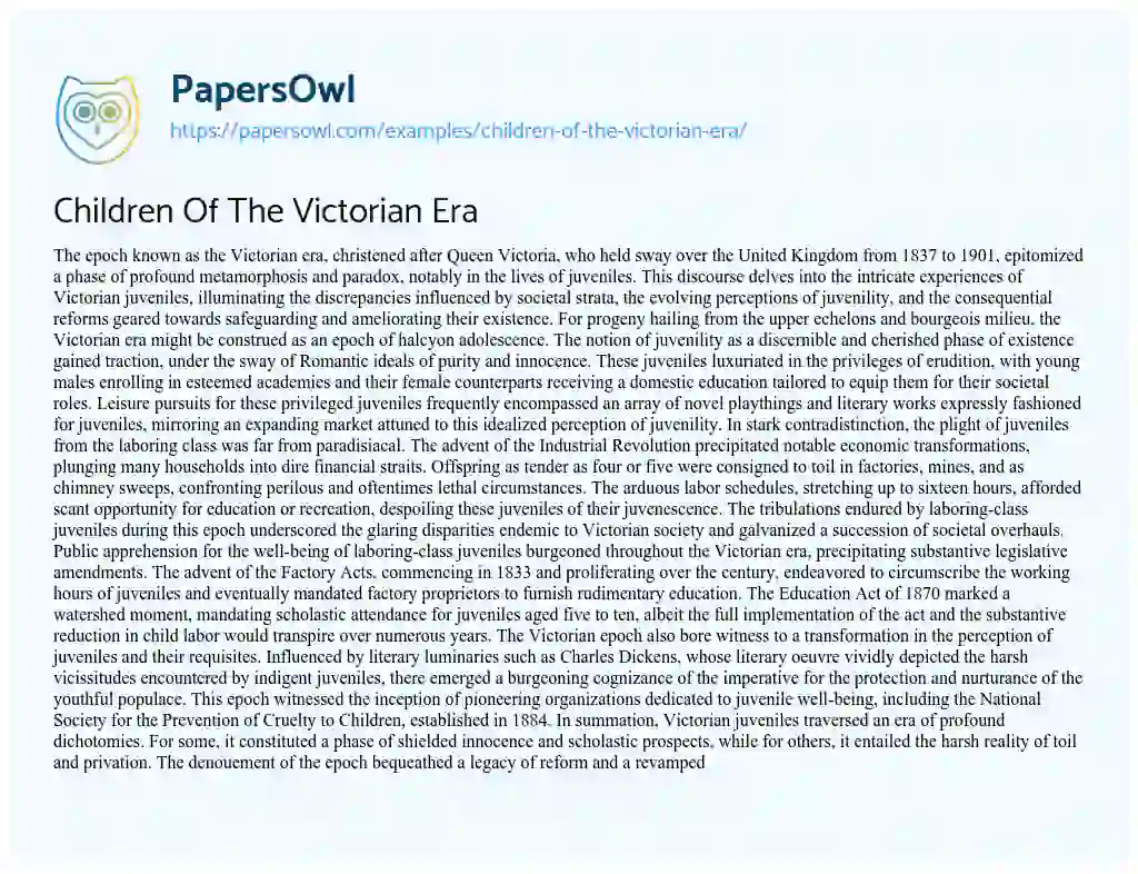 Essay on Children of the Victorian Era