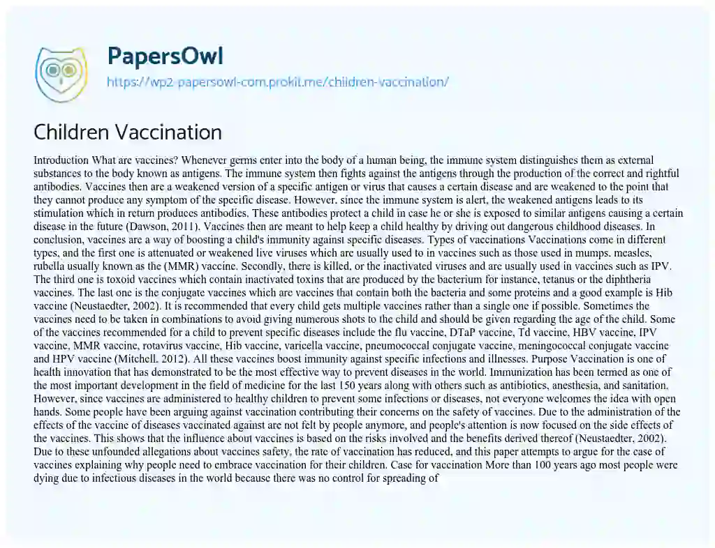 Children Vaccination - Free Essay Example - 2194 Words | PapersOwl.com