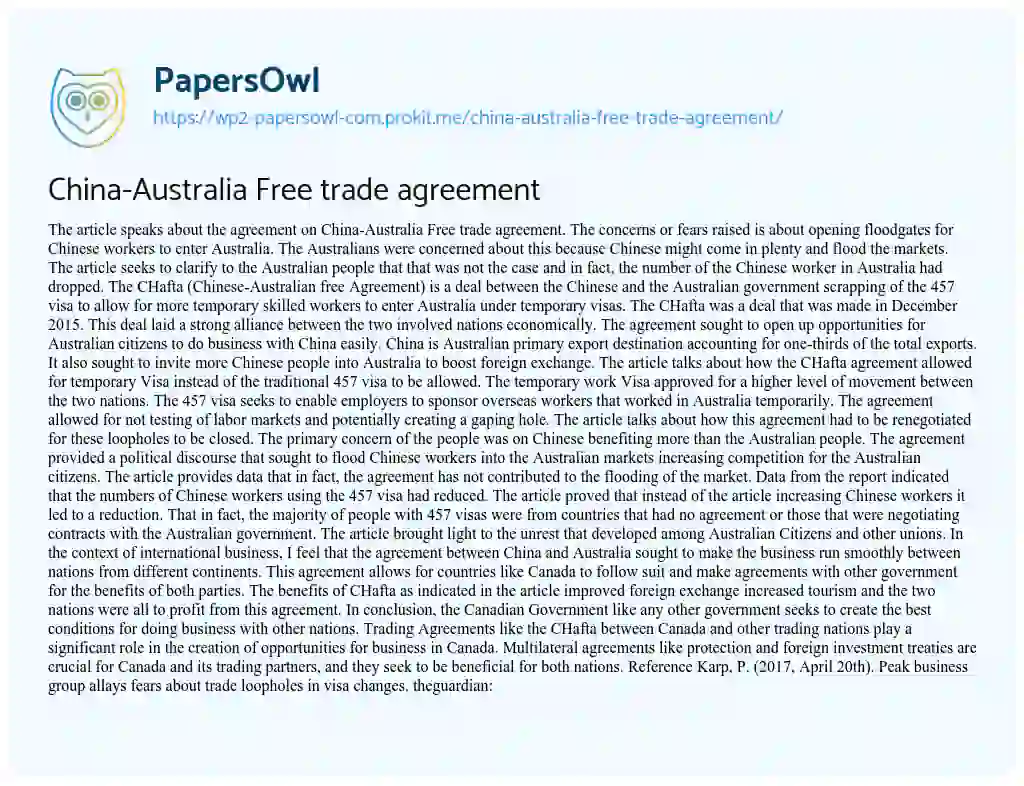 Essay on China-Australia Free Trade Agreement