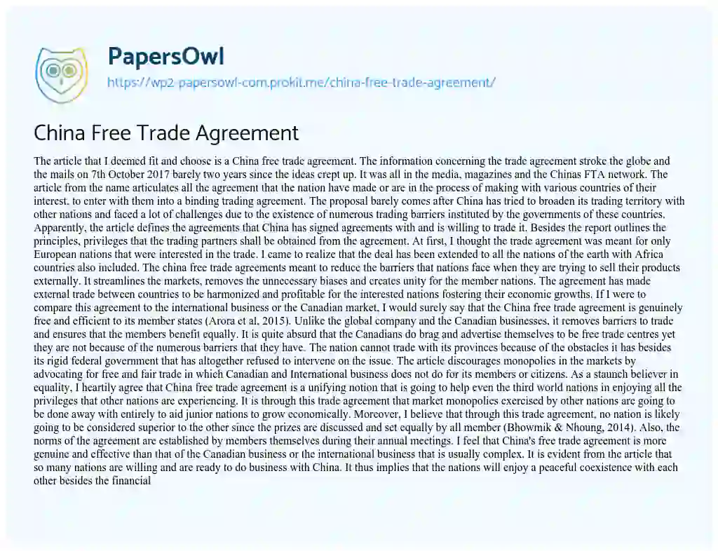 Essay on China Free Trade Agreement