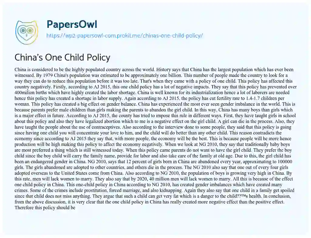 Essay on China’s One Child Policy