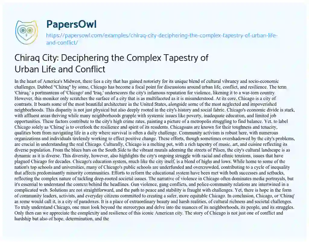 Essay on Chiraq City: Deciphering the Complex Tapestry of Urban Life and Conflict