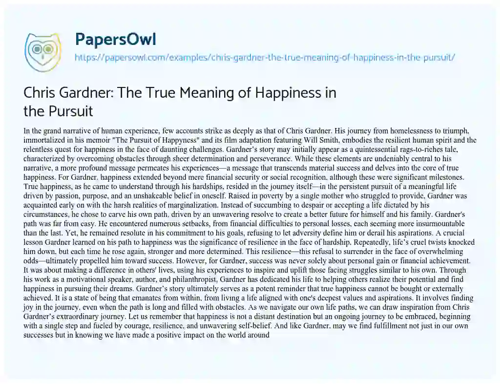 Essay on Chris Gardner: the True Meaning of Happiness in the Pursuit