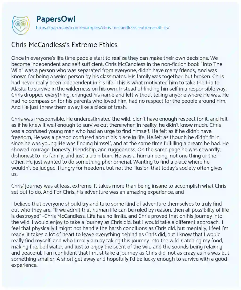 Essay on Chris McCandless’s Extreme Ethics