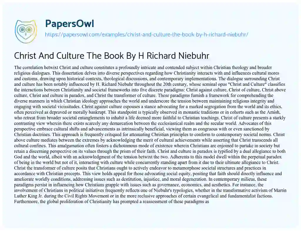Essay on Christ and Culture the Book by H Richard Niebuhr