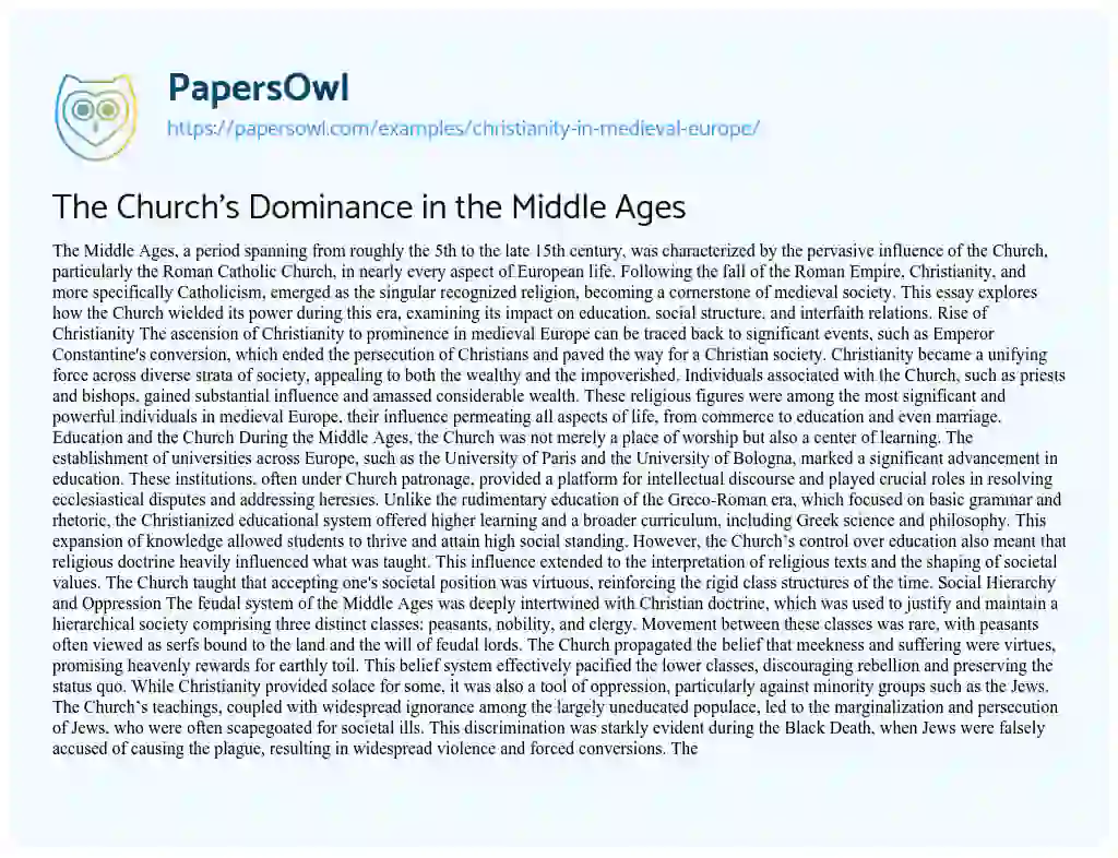 Essay on Christianity in Medieval Europe