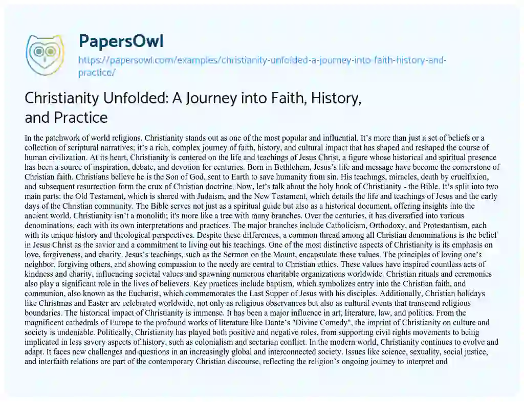 Essay on Christianity Unfolded: a Journey into Faith, History, and Practice