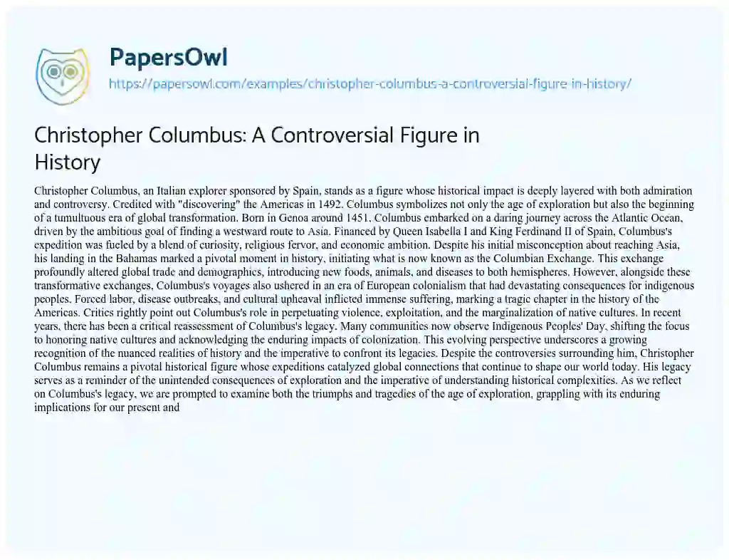 Essay on Christopher Columbus: a Controversial Figure in History