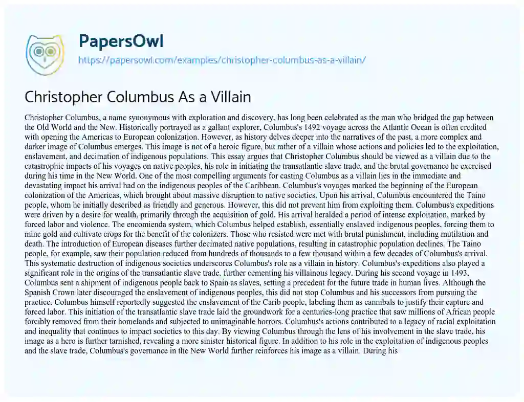 Essay on Christopher Columbus As a Villain