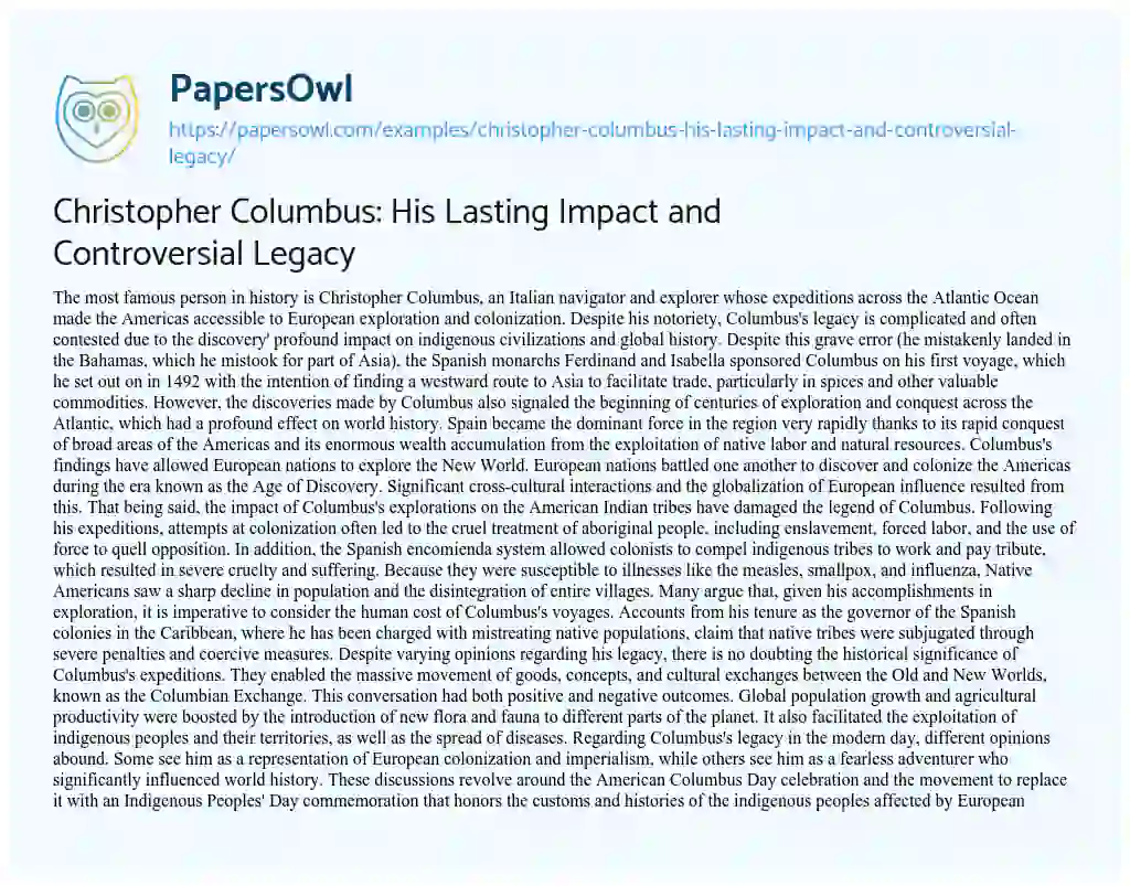 Essay on Christopher Columbus: his Lasting Impact and Controversial Legacy