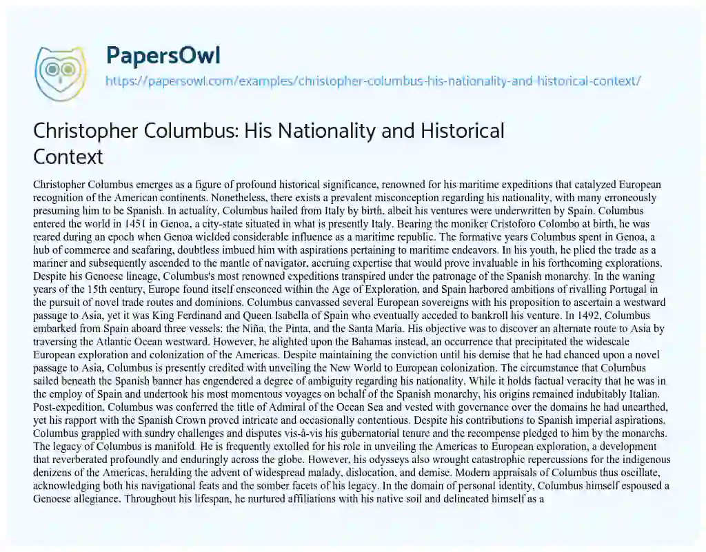 Essay on Christopher Columbus: his Nationality and Historical Context