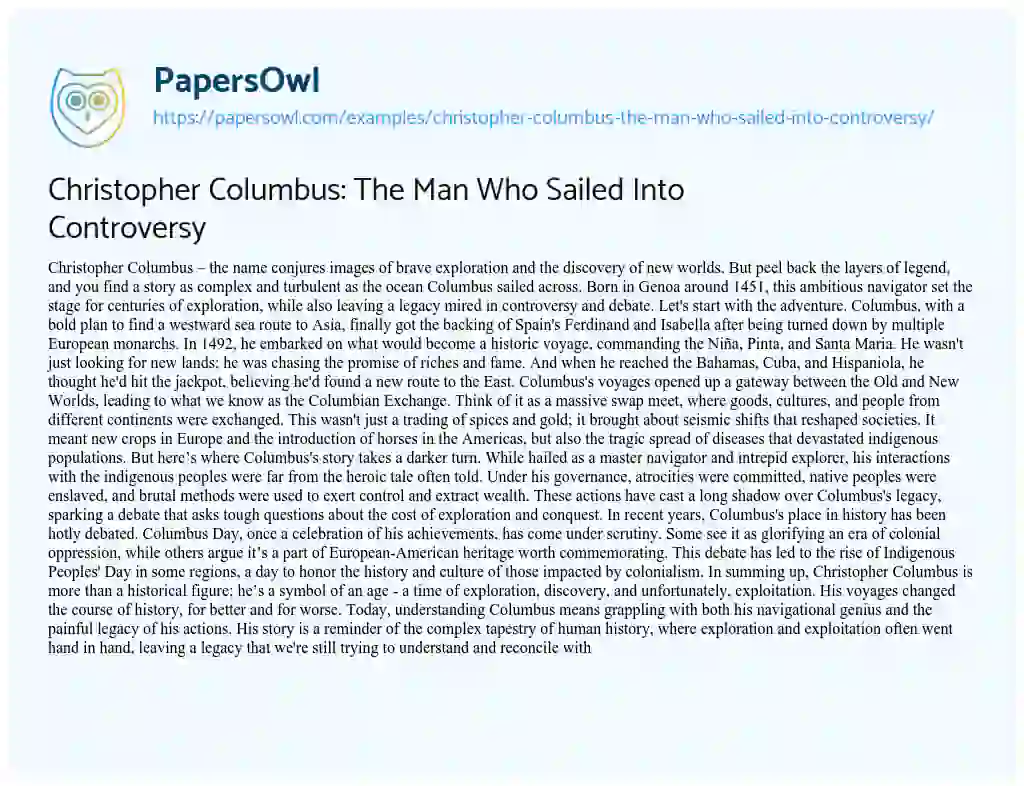 Essay on Christopher Columbus: the Man who Sailed into Controversy