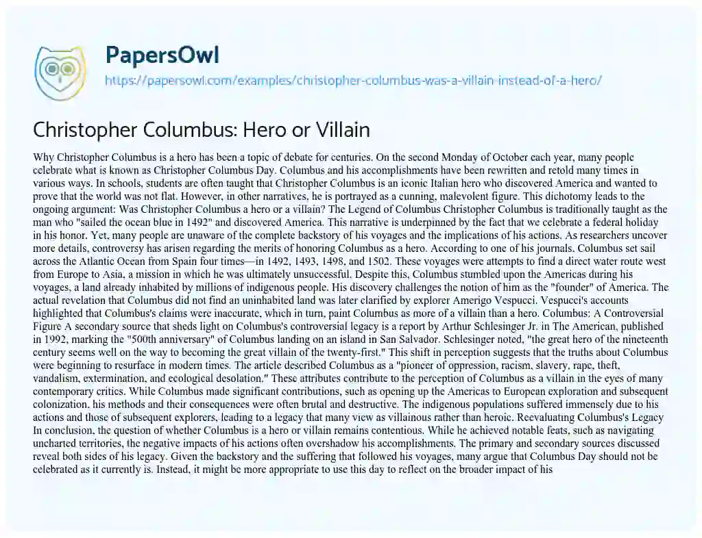 Essay on Christopher Columbus was a Villain Instead of a Hero