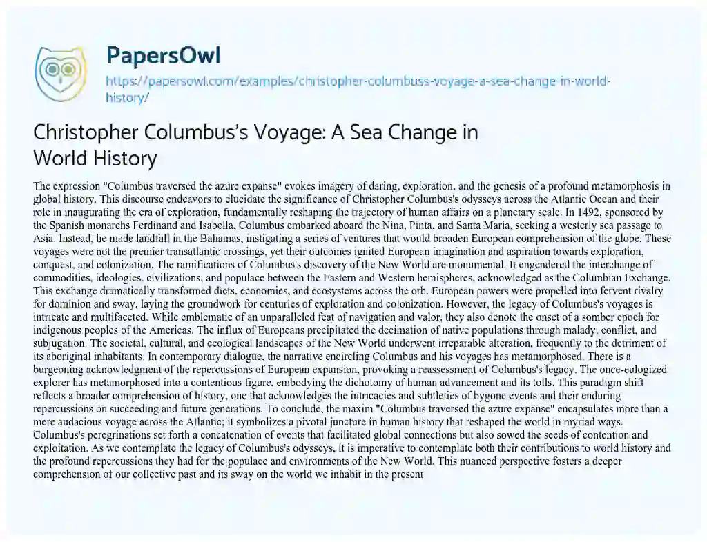 Essay on Christopher Columbus’s Voyage: a Sea Change in World History
