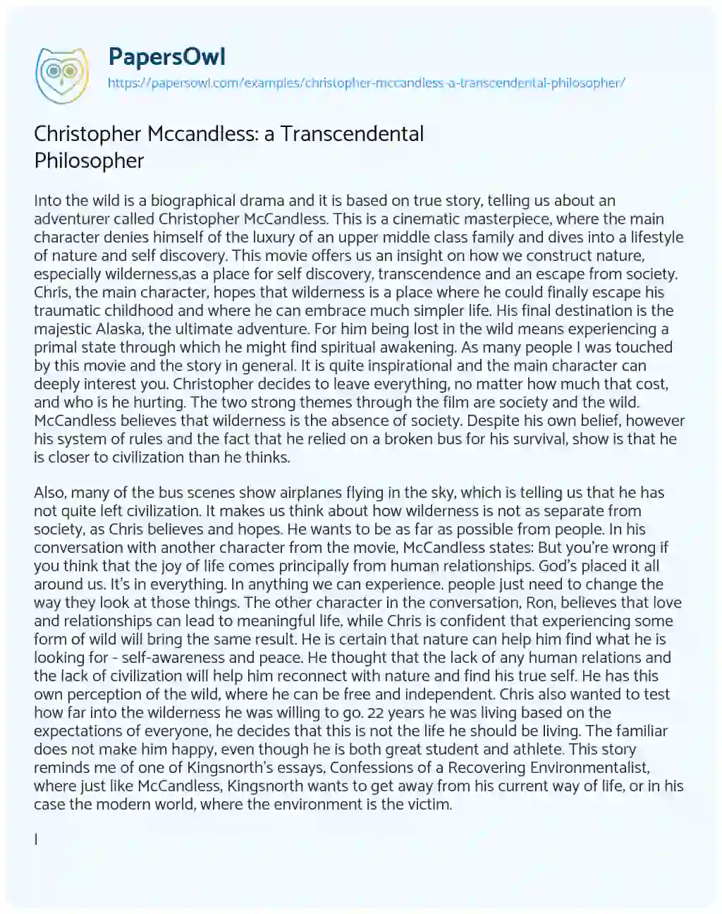 Essay on Christopher Mccandless: a Transcendental Philosopher