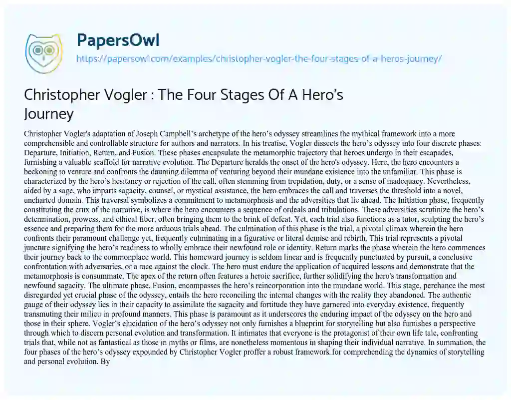 Essay on Christopher Vogler : the Four Stages of a Hero’s Journey