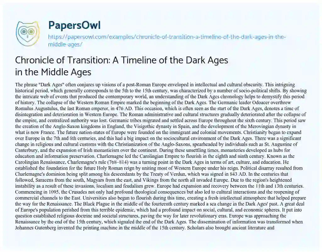Essay on Chronicle of Transition: a Timeline of the Dark Ages in the Middle Ages