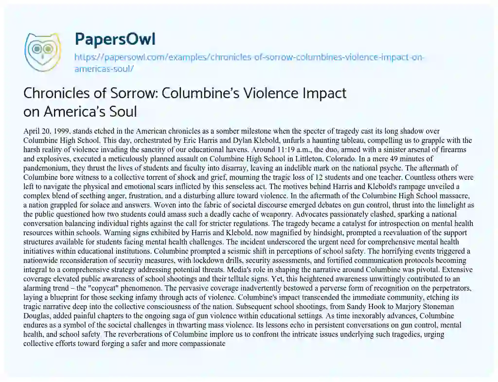 Essay on Chronicles of Sorrow: Columbine’s Violence Impact on America’s Soul