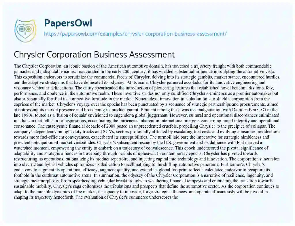 Essay on Chrysler Corporation Business Assessment