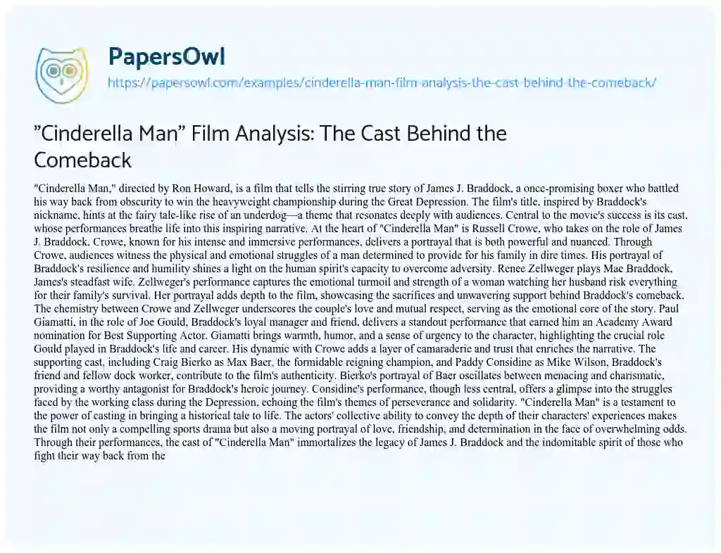 Essay on “Cinderella Man” Film Analysis: the Cast Behind the Comeback