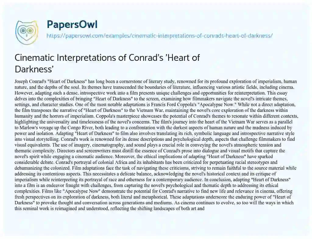 Essay on Cinematic Interpretations of Conrad’s ‘Heart of Darkness’