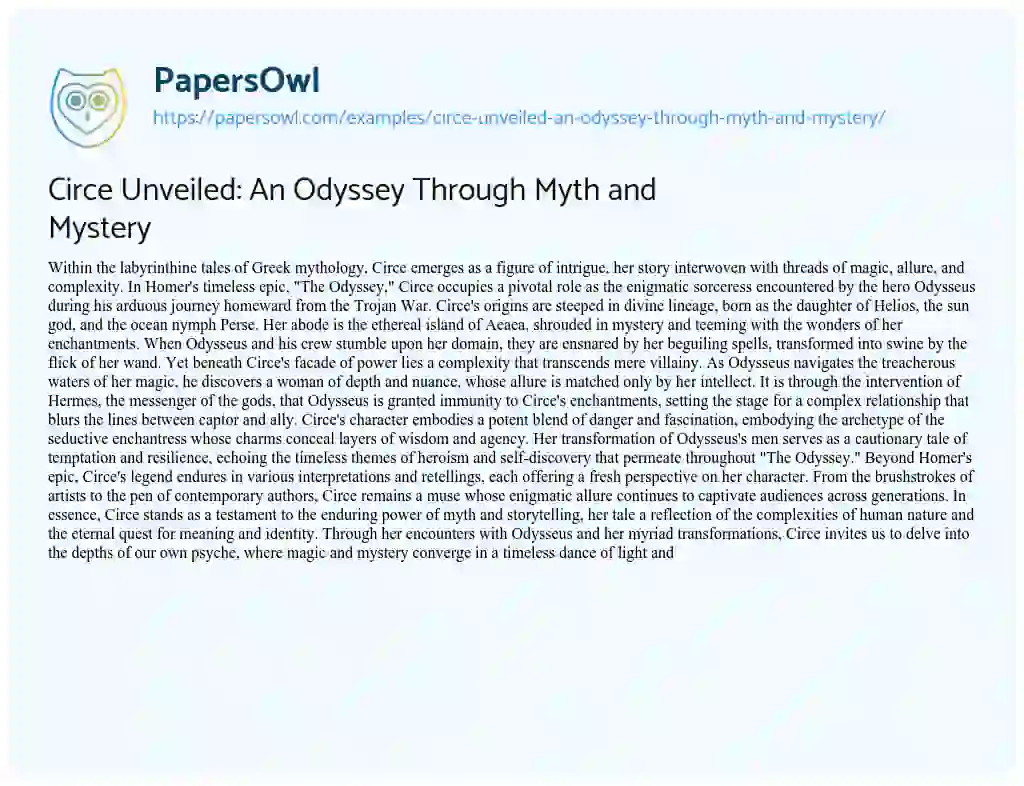 Essay on Circe Unveiled: an Odyssey through Myth and Mystery