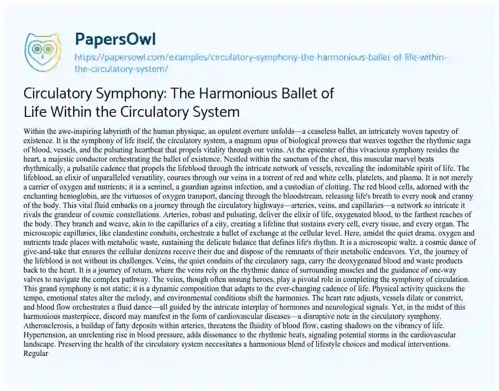 Essay on Circulatory Symphony: the Harmonious Ballet of Life Within the Circulatory System