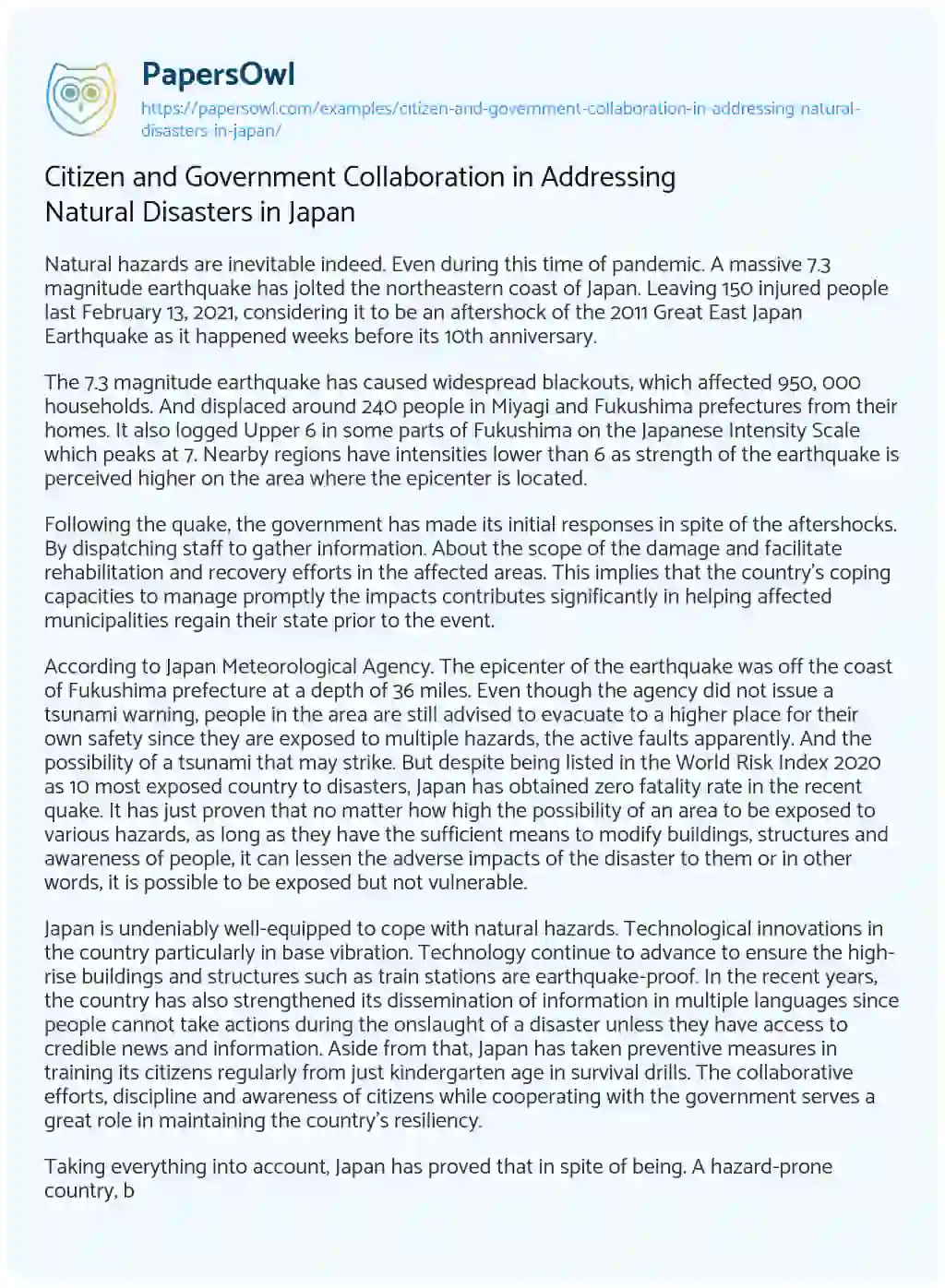 Essay on Citizen and Government Collaboration in Addressing Natural Disasters in Japan